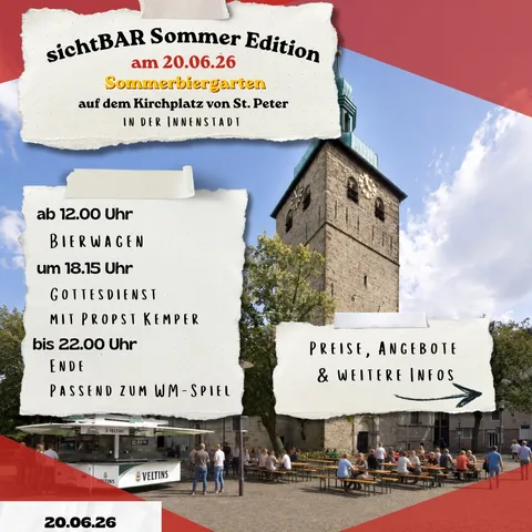 ☀️sichtBar Sommer-Edition☀️
Kommt vorbei, am 20.06.2026 auf dem Kirchplatz von St. Peter in der Innenstadt.
Biergarten-A